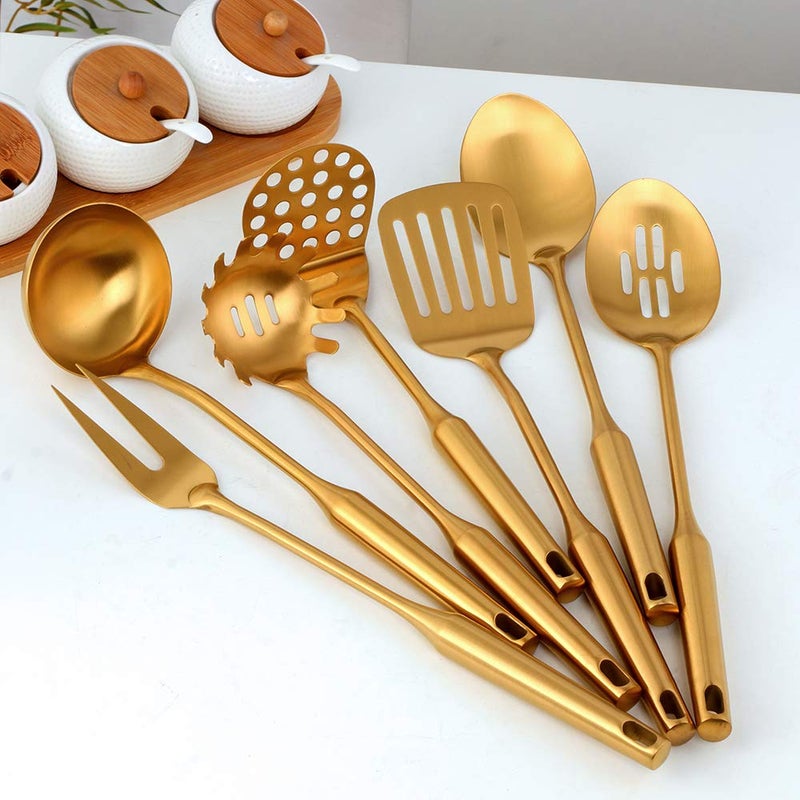 mingcheng 7 Pcs Round Handle Cooking Utensil Set, 304 Stainless Steel Gold Titanium Plated Cookware Sets with Public Fork/Spoon, Potato Mashers, Slotted Spatula, Soup Ladle, Pasta Server, Kitchen Tool Gadget - Image 3